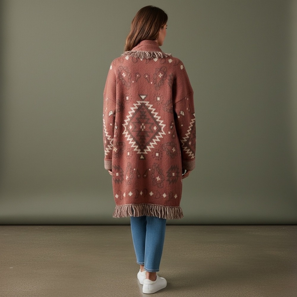 Womens Large Southwestern Fringe Open Front Cardigan Rust 12W2790N - Picture 16 of 16